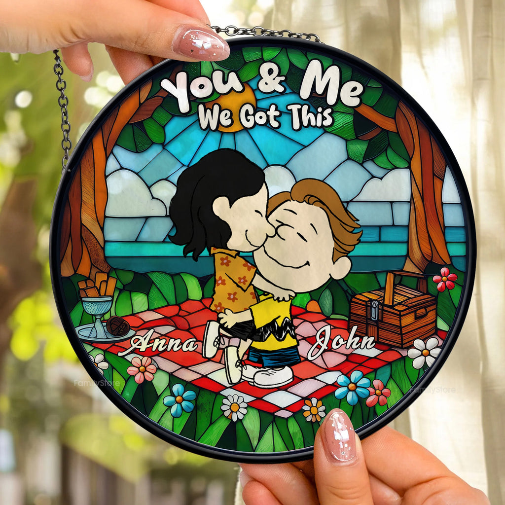Personalized Stained Glass Suncatcher Cartoon Couple Gift for Anniversary