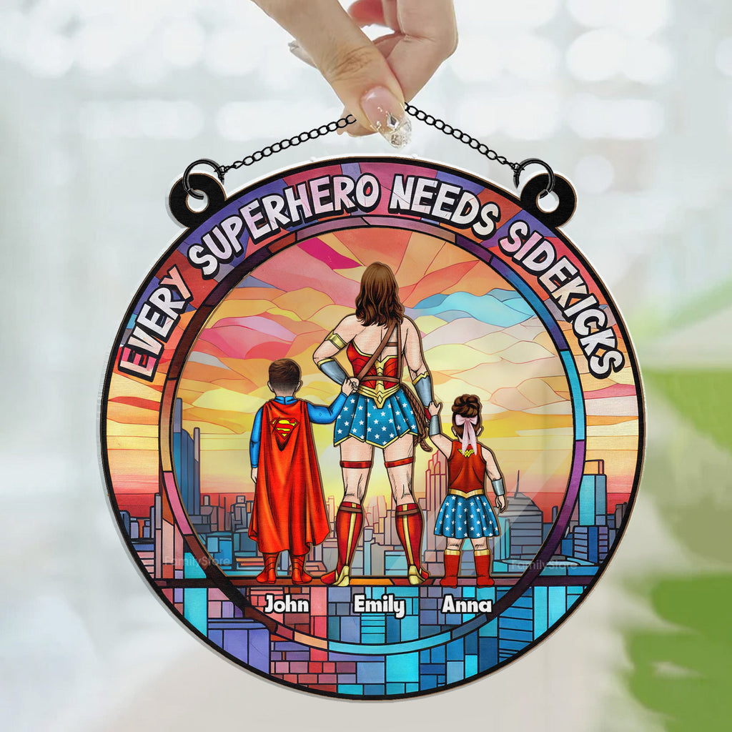 Personalized Superhero Sidekick Suncatcher Ornament Gift for Mom, Wife