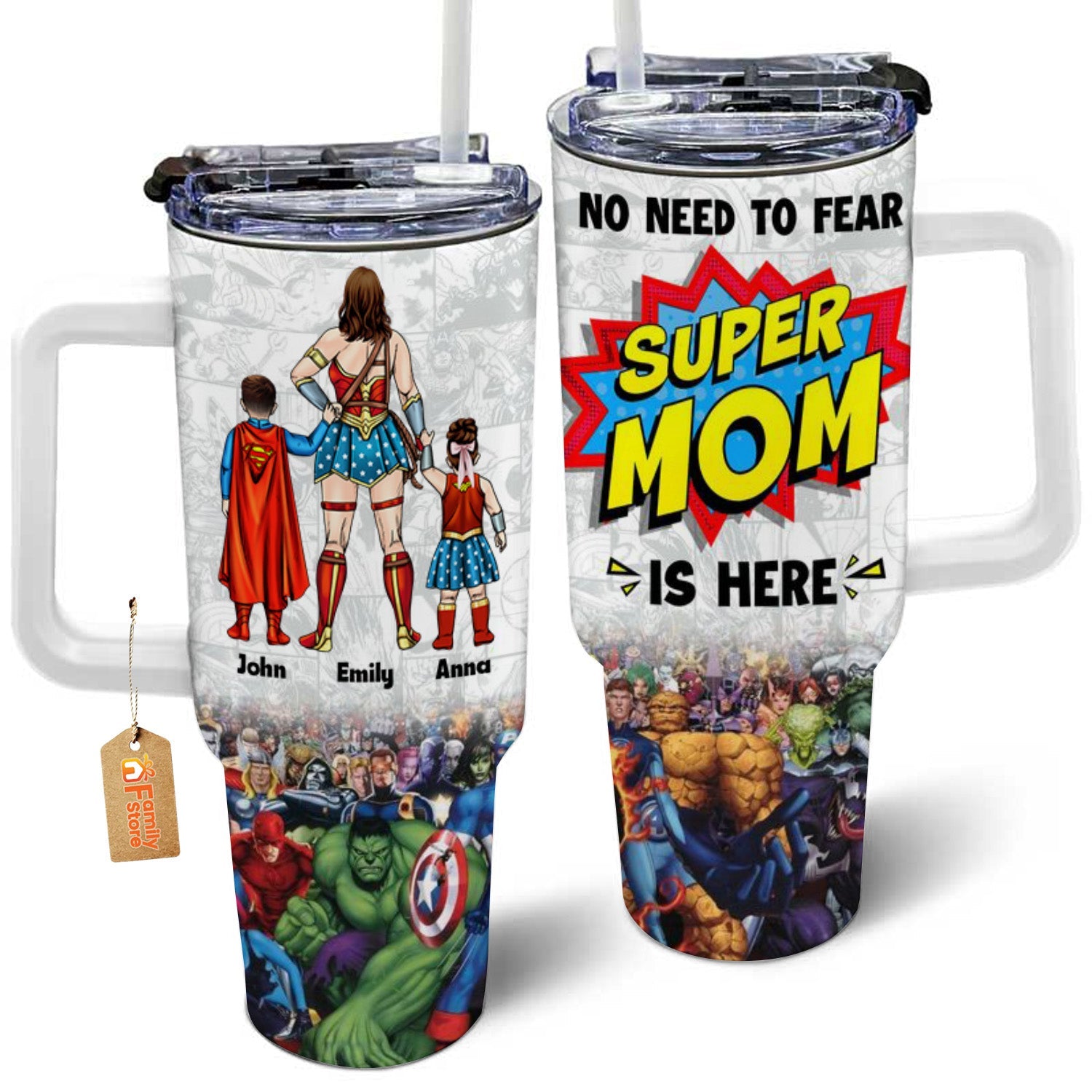 Personalized 40oz Tumbler Super Mom Gift for Mom with Straw