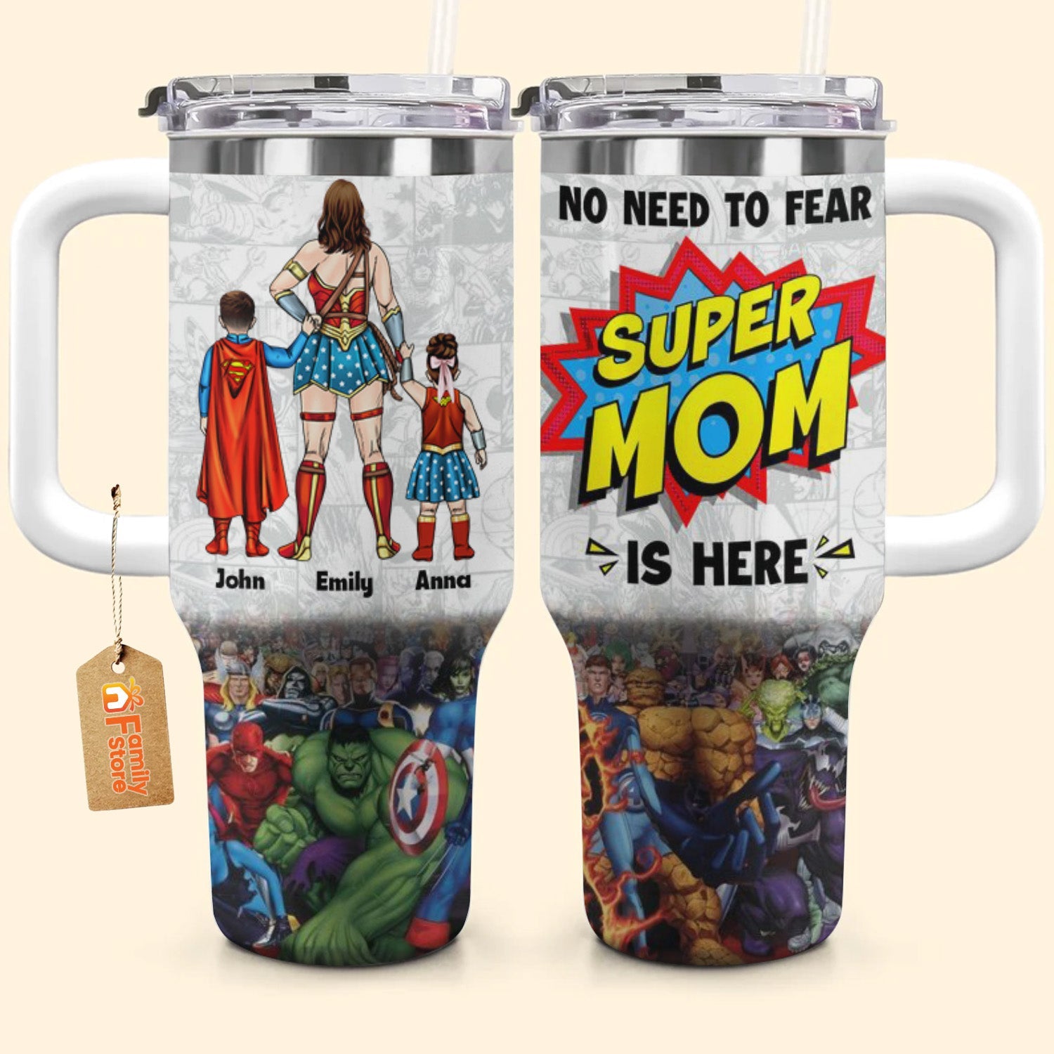 Personalized 40oz Tumbler Super Mom Gift for Mom with Straw