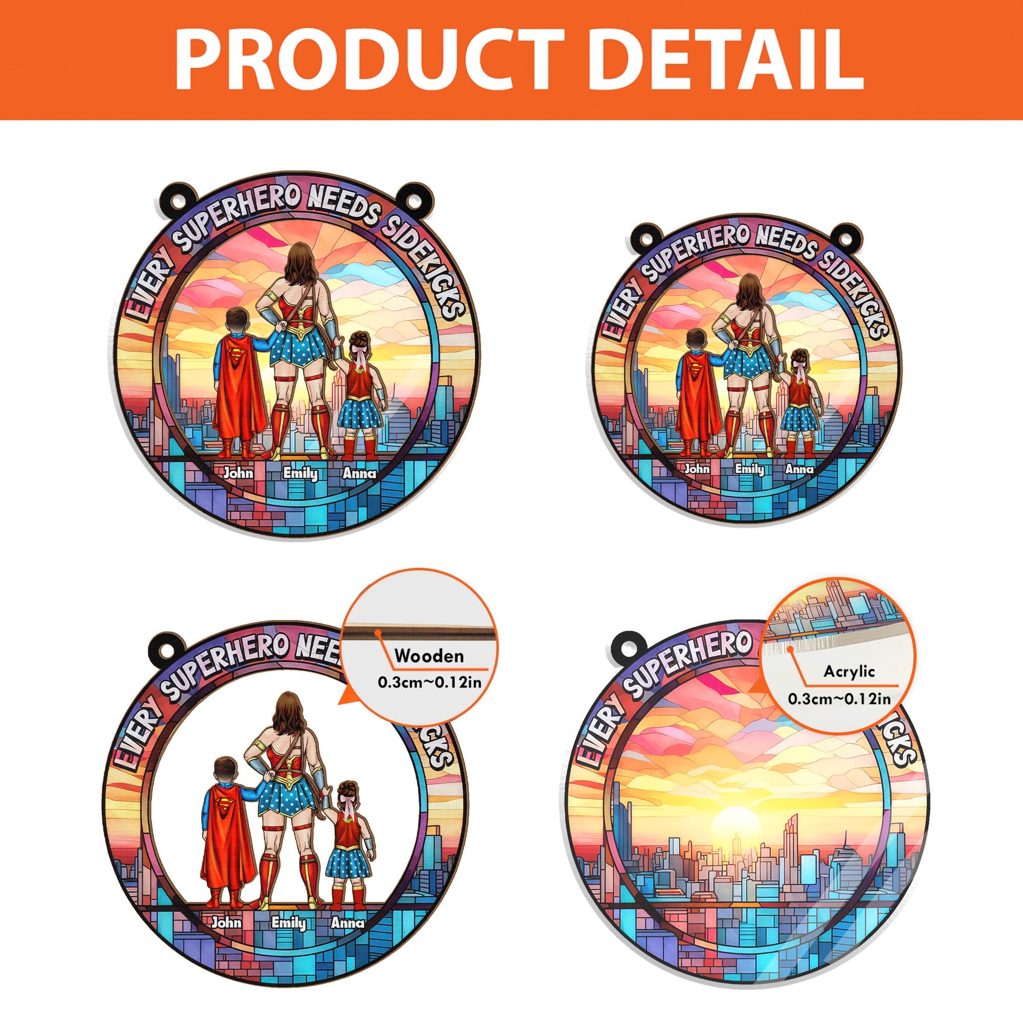 Personalized Superhero Sidekick Suncatcher Ornament Gift for Mom, Wife