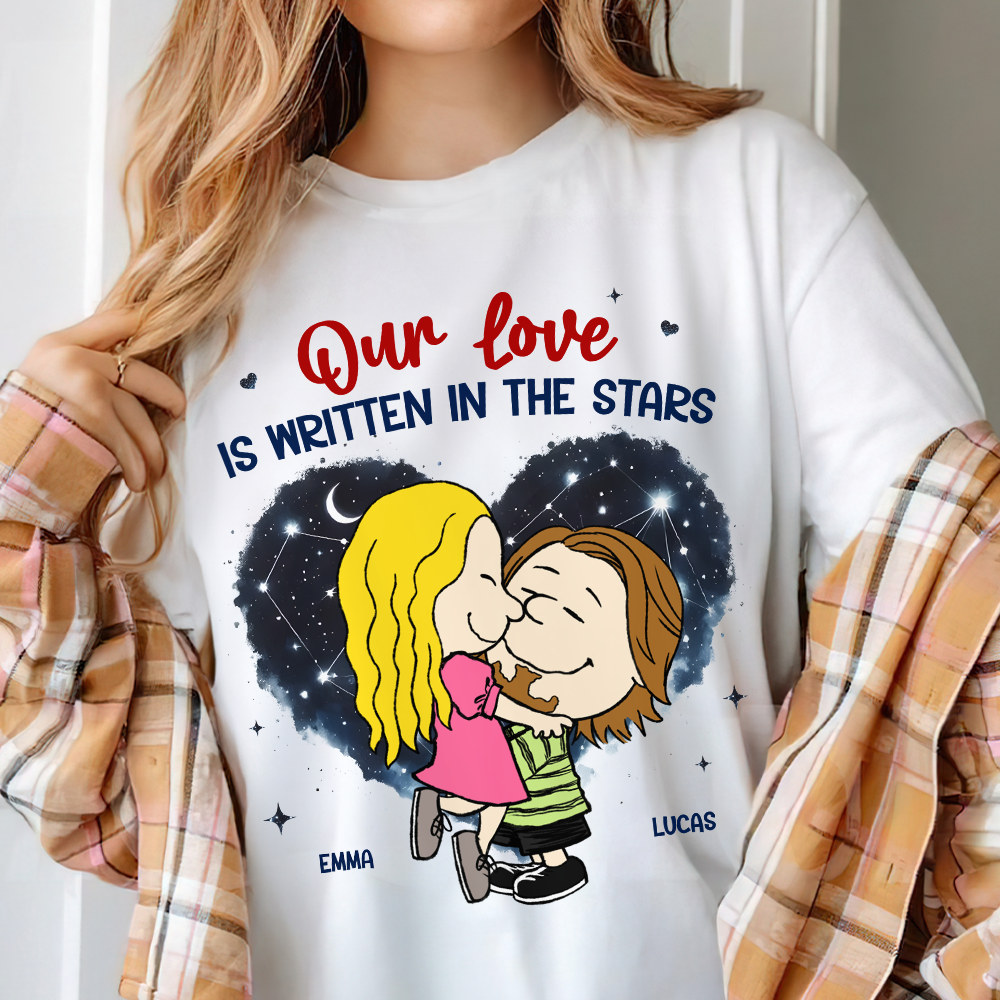 Personalized Couple Shirt Our Love Is Written In The Stars Custom Names Gift for Anniversary