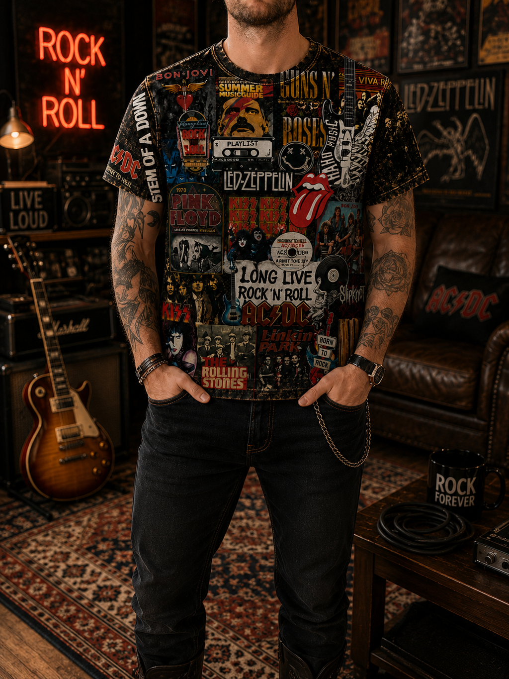 All-Over Print Classic Rock T-Shirt for Music Lovers GradoCreations