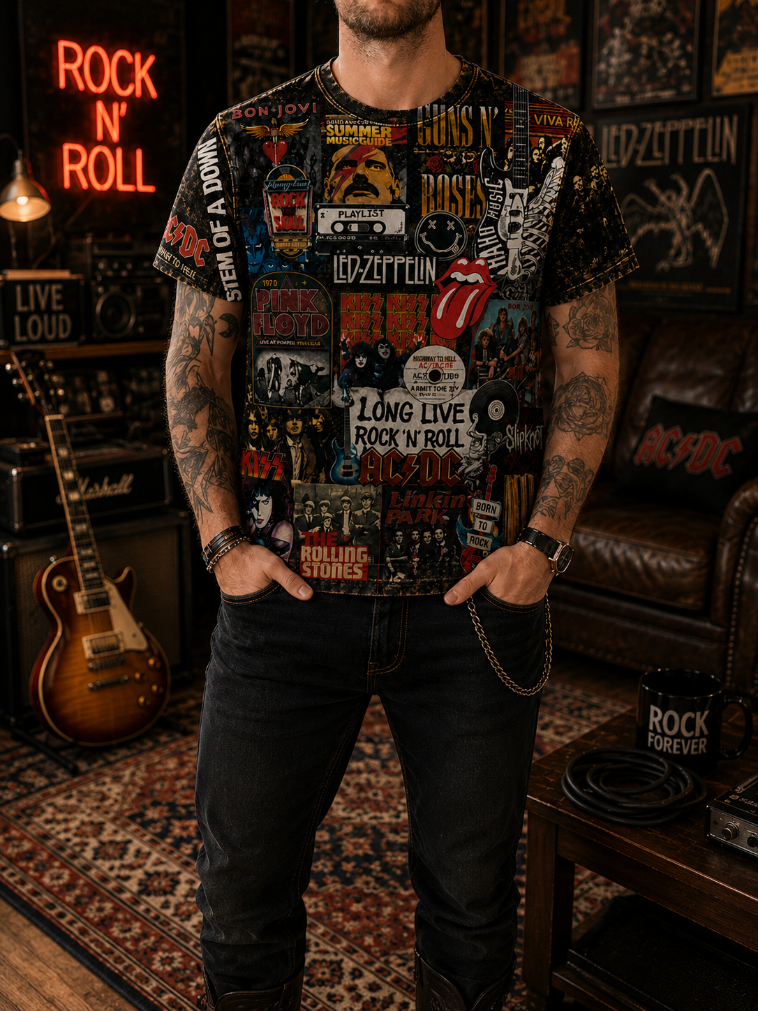 All-Over Print Classic Rock T-Shirt for Music Lovers GradoCreations