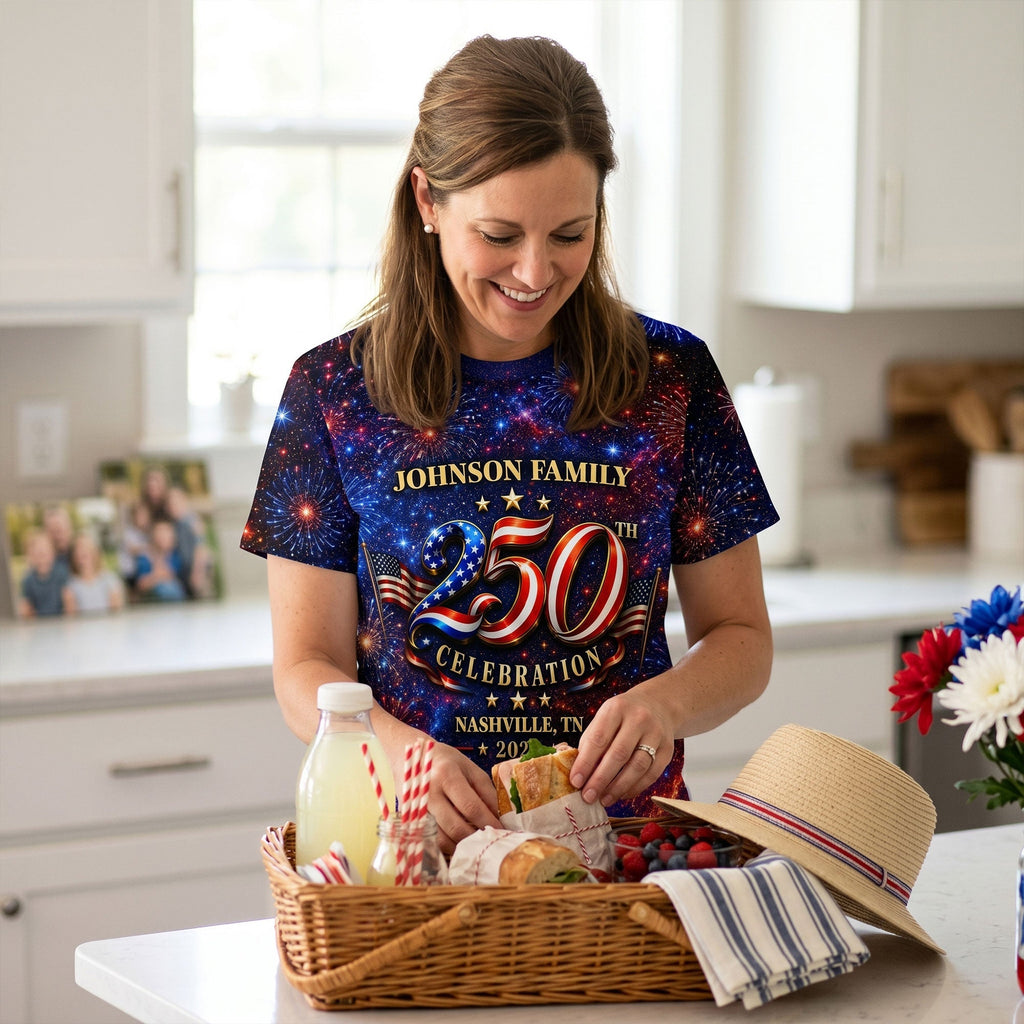 Personalized 250th Celebration AOP T-Shirt for Family | Patriotic Gift