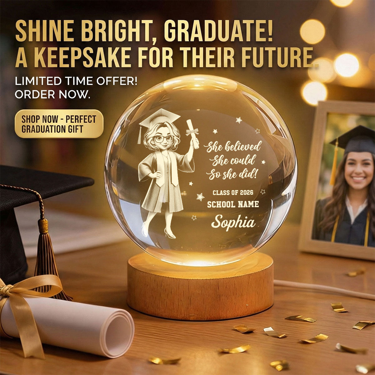 Personalized Crystal Globe Lamp for Graduates Class of 2026 Gift