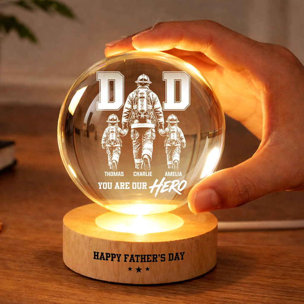 Personalized Firefighter Dad Crystal Globe Lamp Gift for Dad