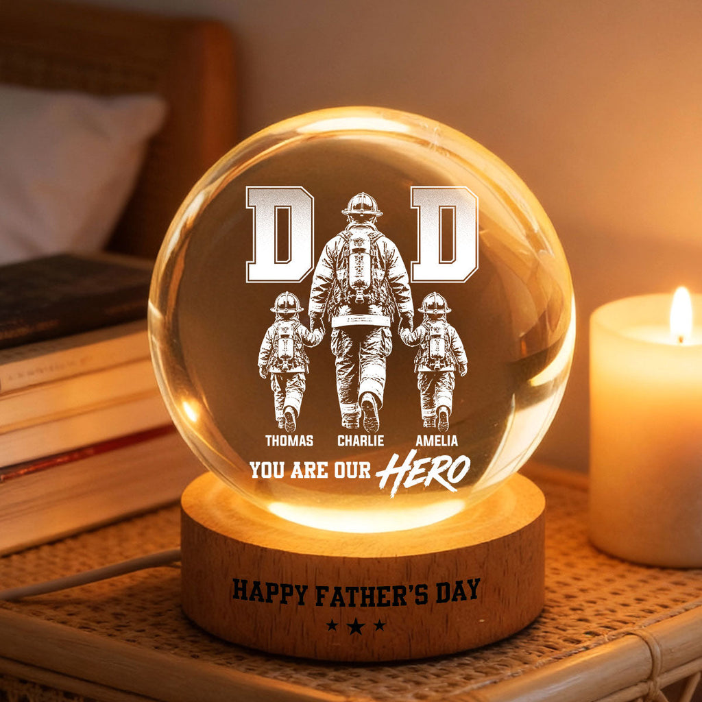 Personalized Firefighter Dad Crystal Globe Lamp Gift for Dad