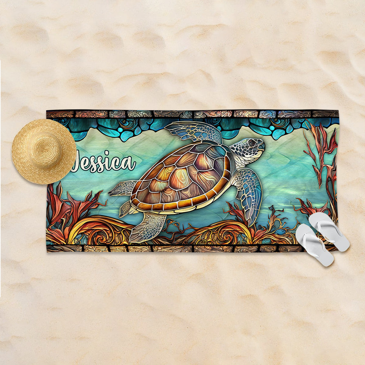 Personalized Stained Glass Turtle Beach Towel for Travelers