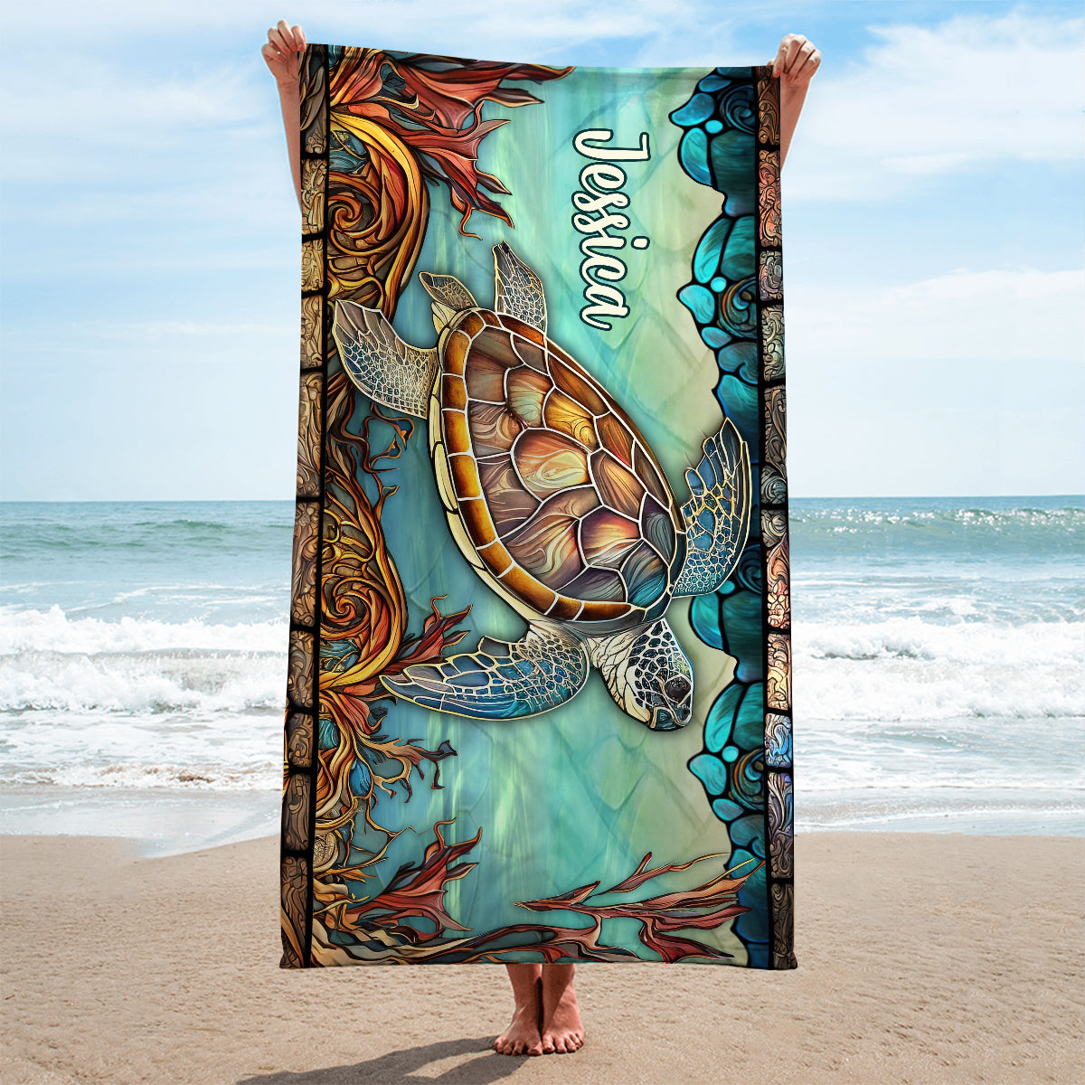 Personalized Stained Glass Turtle Beach Towel for Travelers
