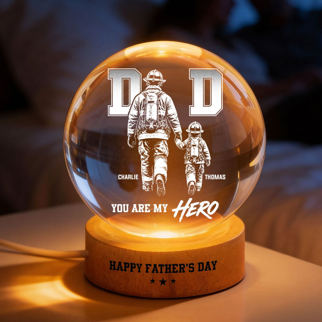 Personalized Firefighter Dad Crystal Globe Lamp Gift for Dad