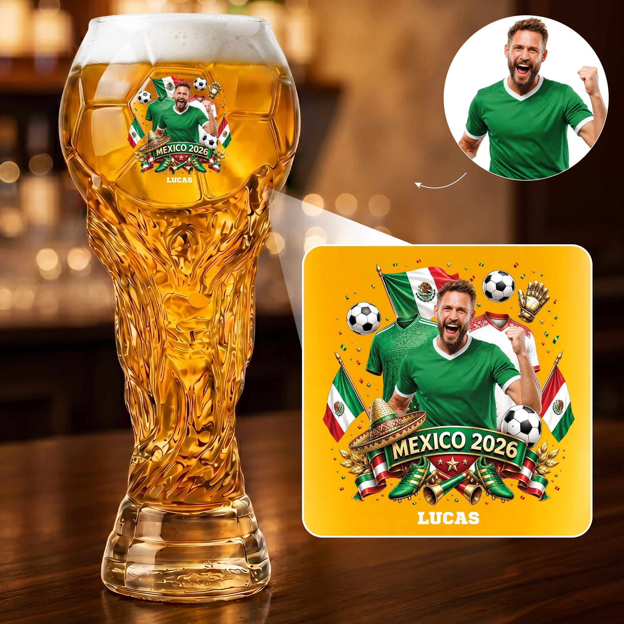 Personalized Trophy Beer Glass Custom Photo Gift for Soccer Fans 2026