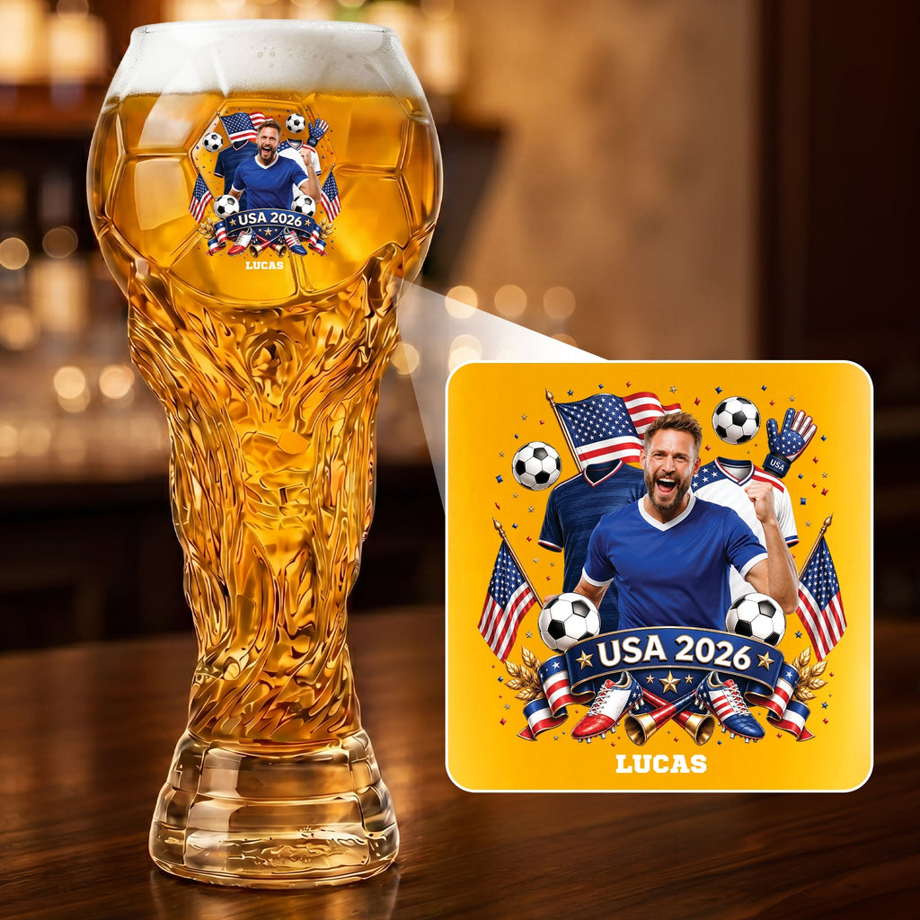 Personalized Trophy Beer Glass Custom Photo Gift for Soccer Fans 2026
