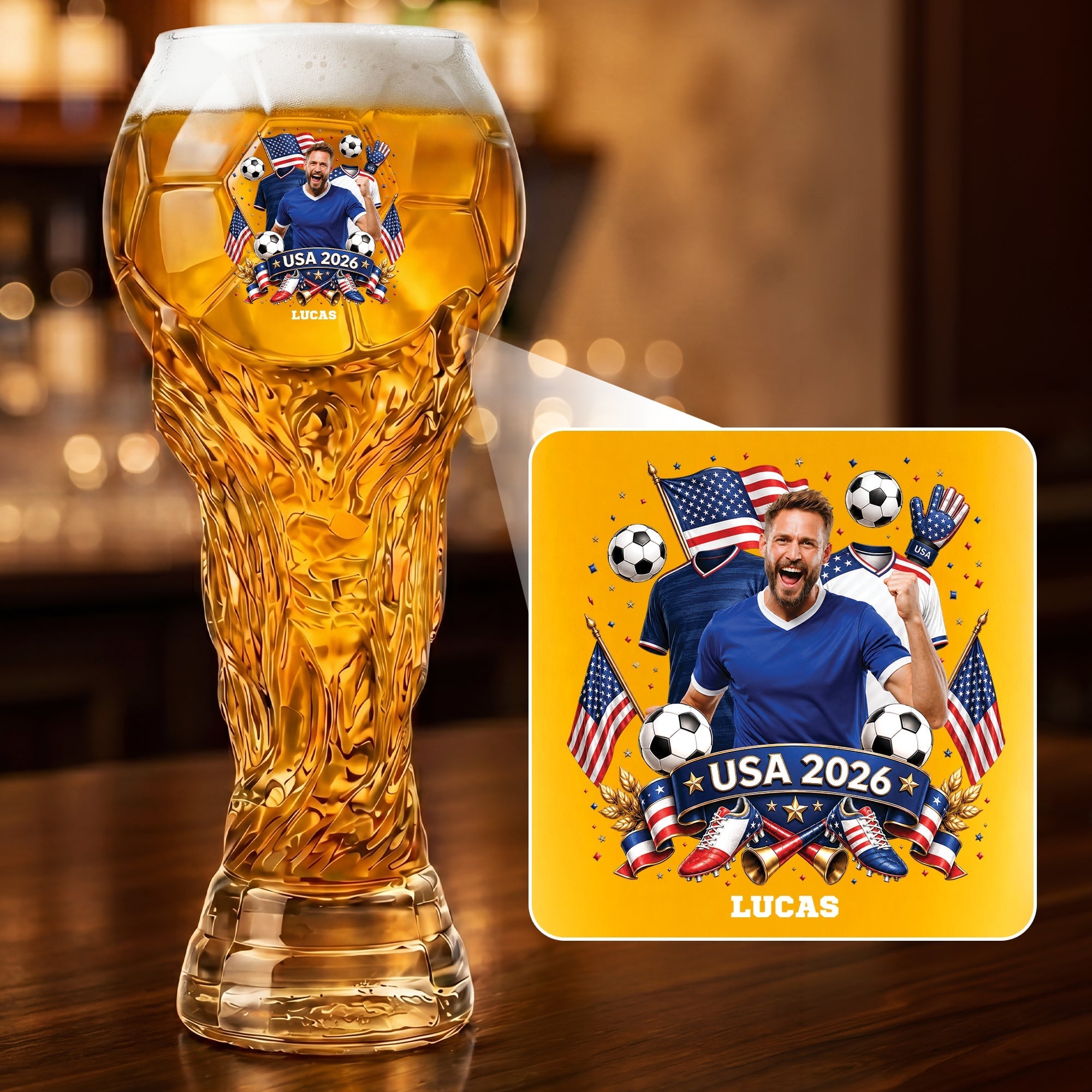 Personalized Trophy Beer Glass Custom Photo Gift for Soccer Fans 2026