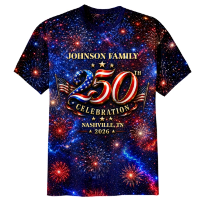 Personalized 250th Celebration AOP T-Shirt for Family | Patriotic Gift