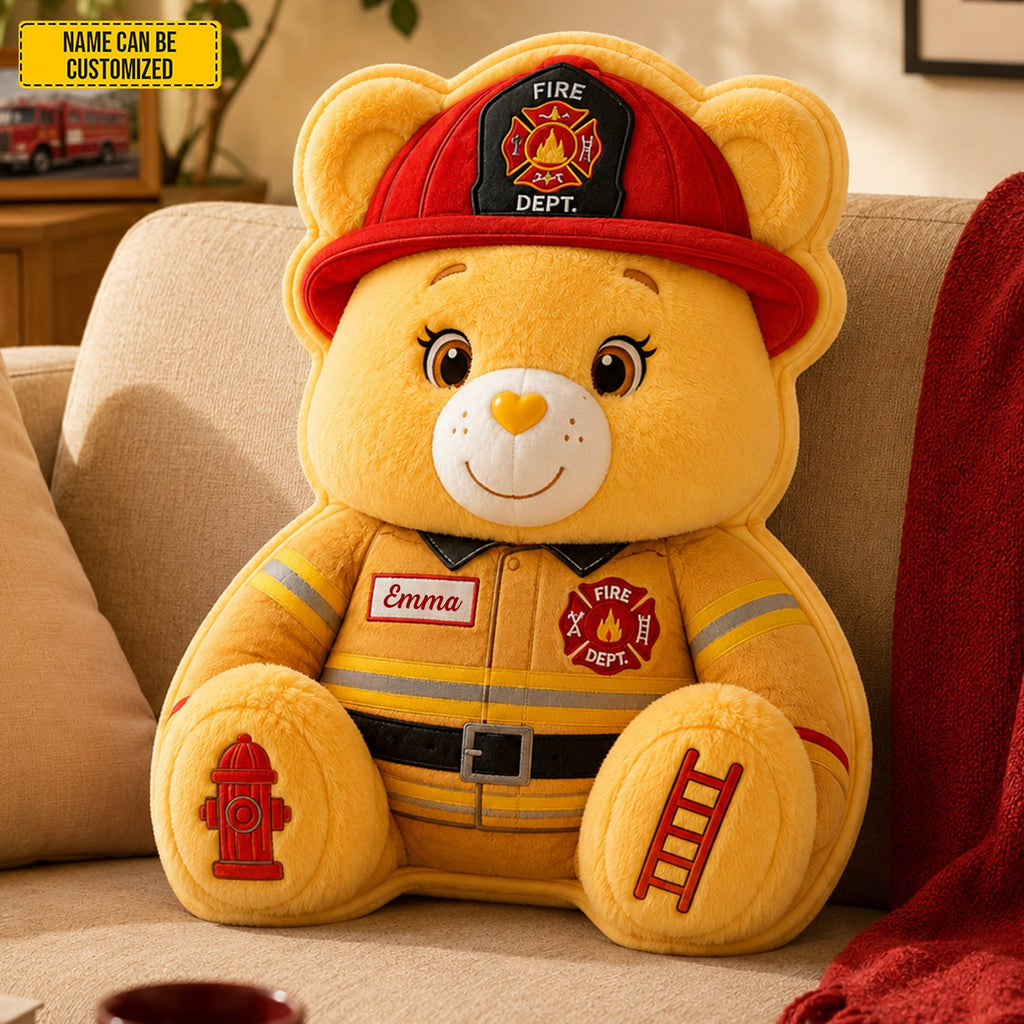 Personalized Firefighter Bear Plush Pillow Custom Name Gift GradoCreations