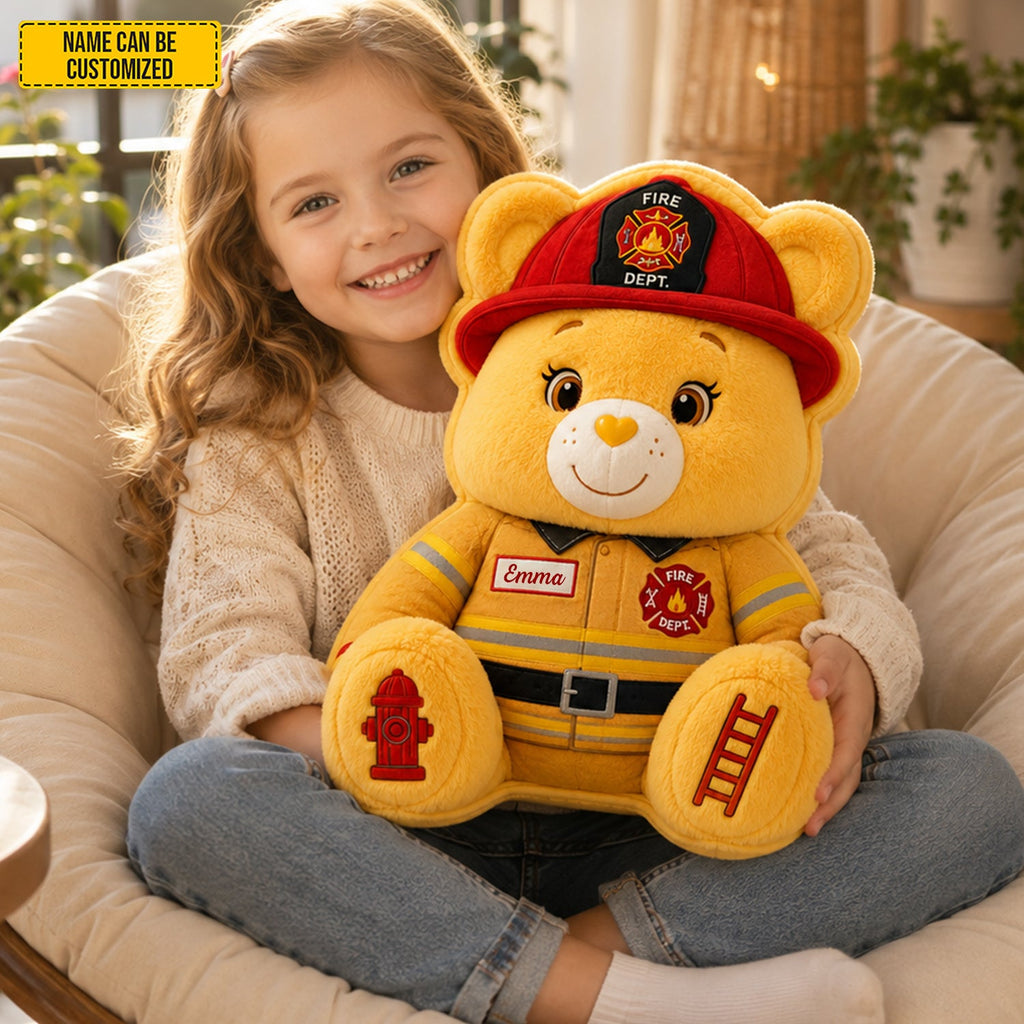 Personalized Firefighter Bear Plush Pillow Custom Name Gift GradoCreations