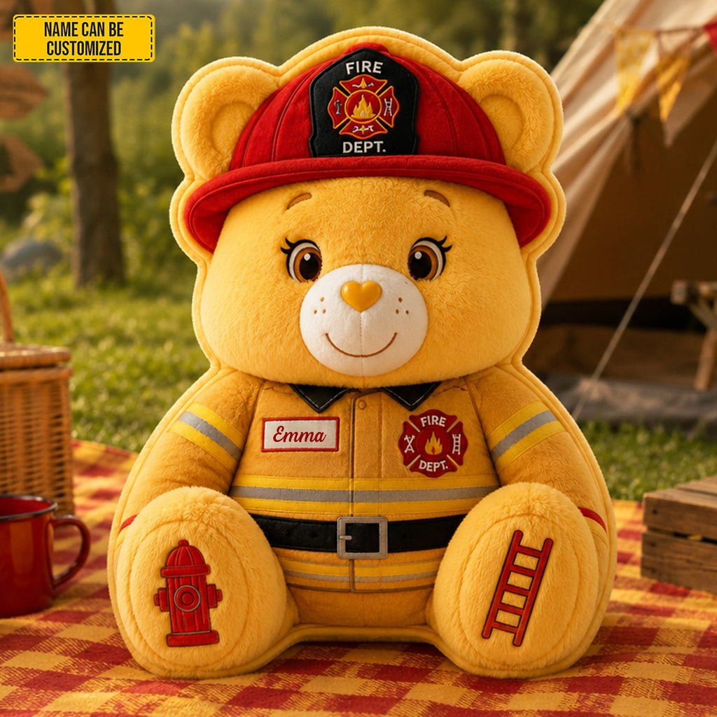 Personalized Firefighter Bear Plush Pillow Custom Name Gift GradoCreations