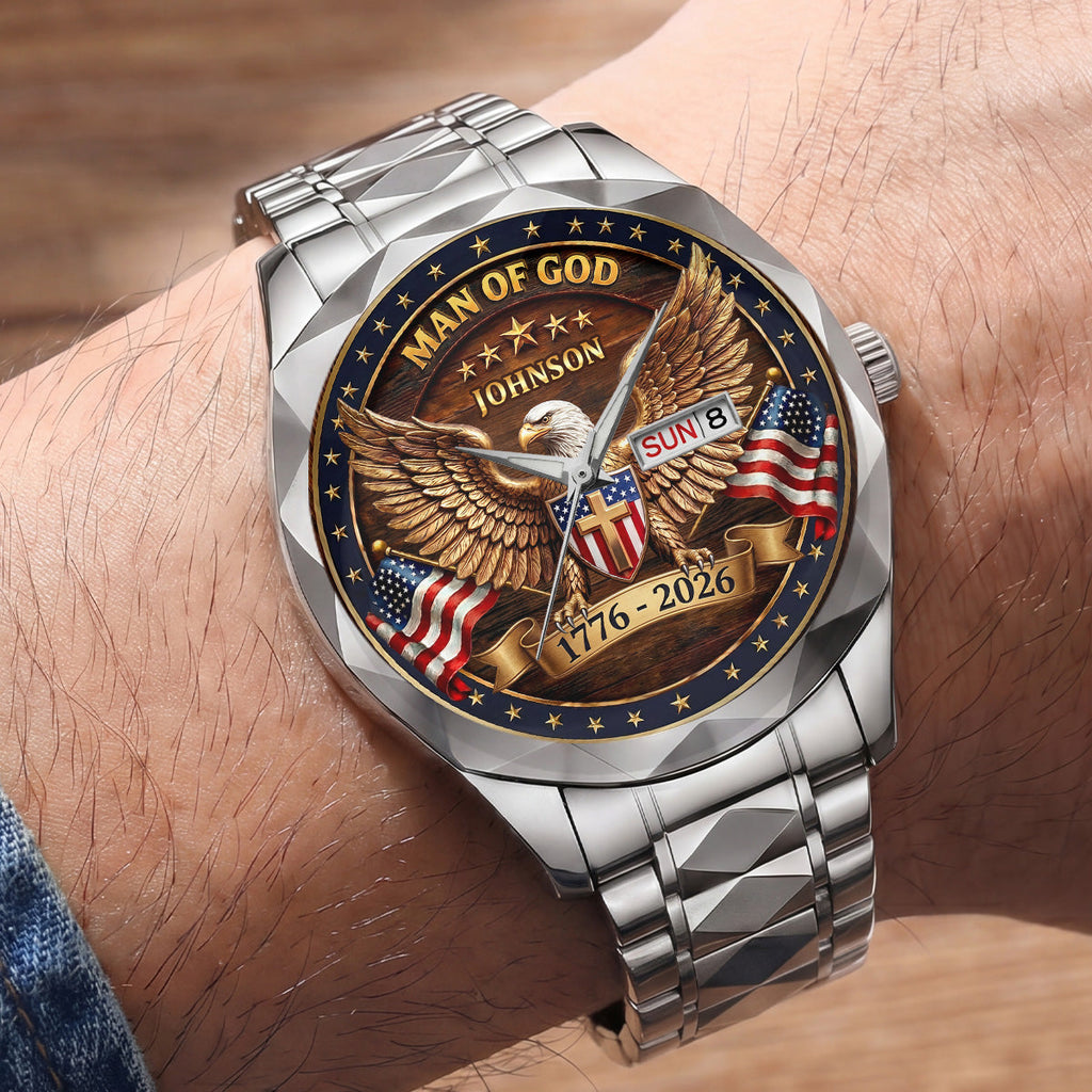 Personalized Men's Wrist Watch with Eagle Design for Him - Patriotic Gift