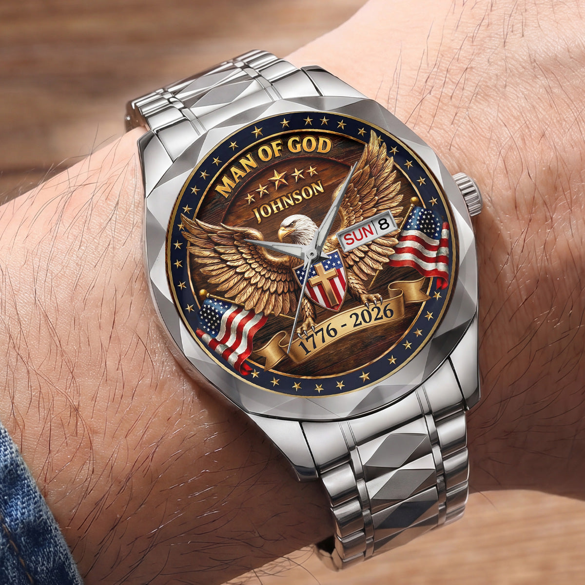 Personalized Men's Wrist Watch with Eagle Design for Him - Patriotic Gift