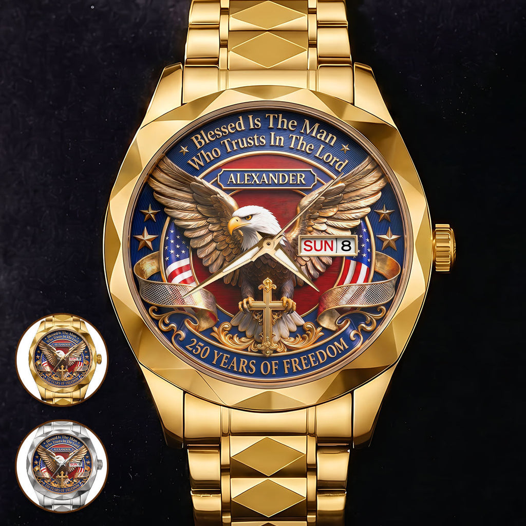 Personalized Men's Wrist Watch with Eagle Design for Him - Patriotic Gift