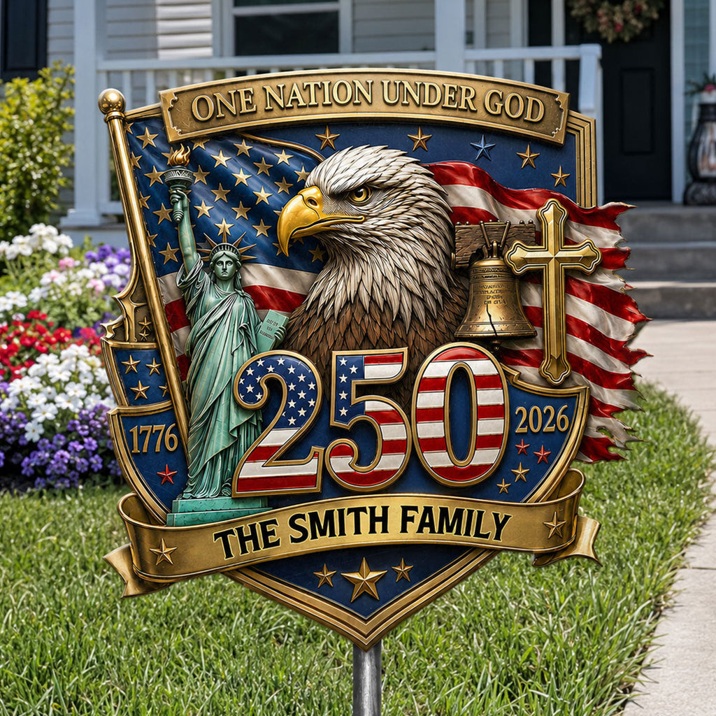 Personalized One Nation Under God Metal Garden Stake for Family