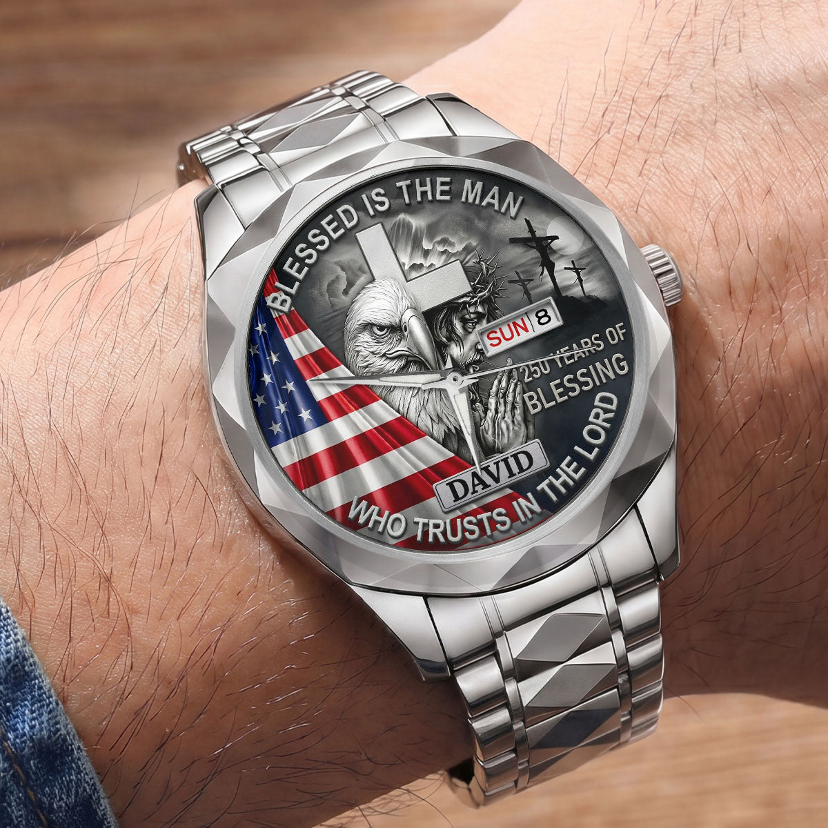 Personalized Men's Wrist Watch with Patriotic Design & Custom Name Gift for Him