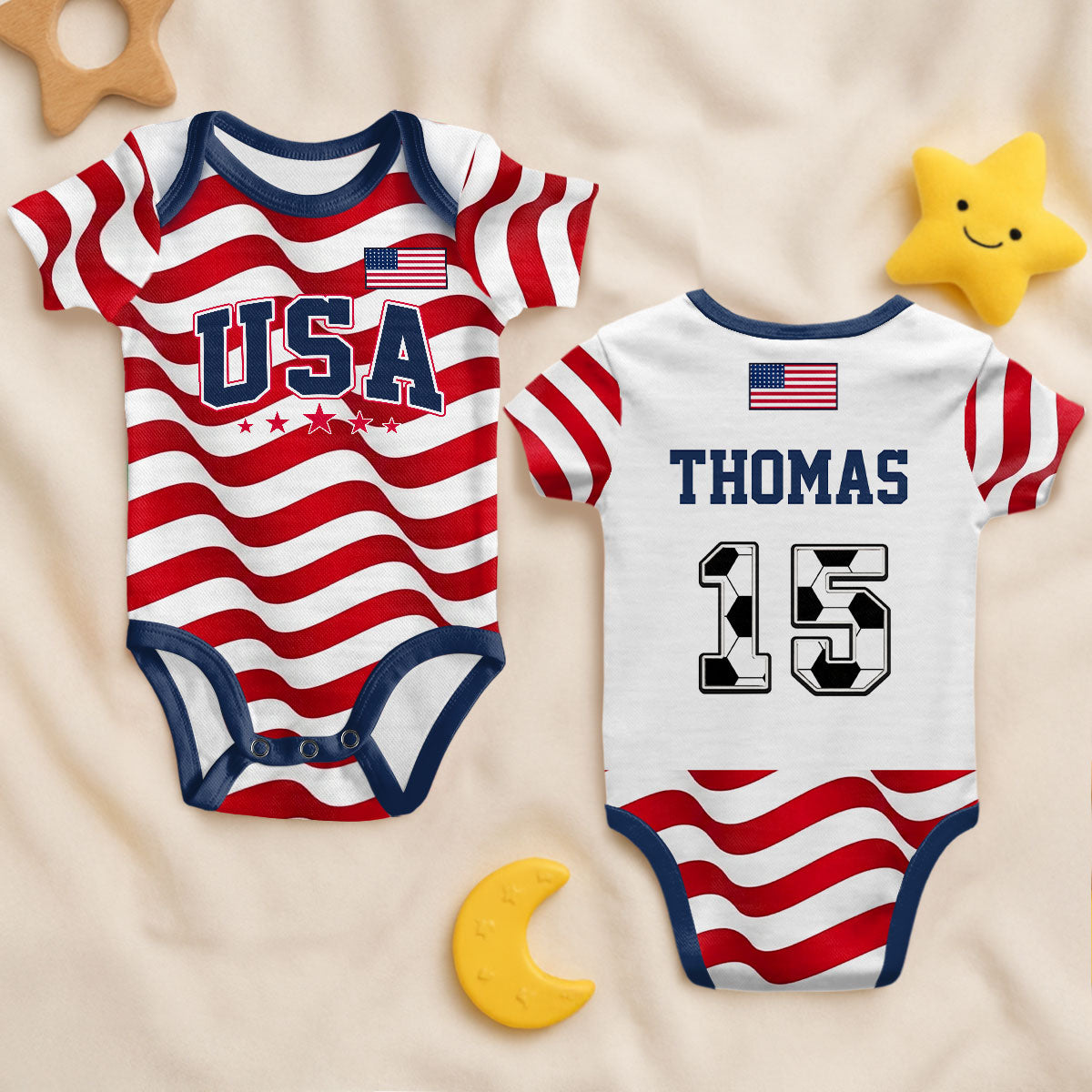 Personalized USA Flag Baby Bodysuit Custom Name Number Gift