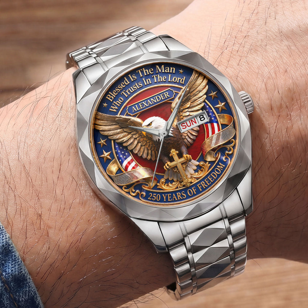 Personalized Men's Wrist Watch with Eagle Design for Him - Patriotic Gift