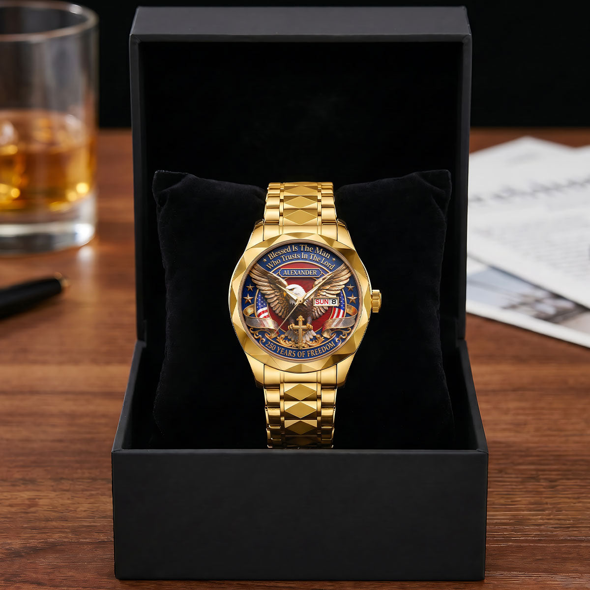 Personalized Men's Wrist Watch with Eagle Design for Him - Patriotic Gift