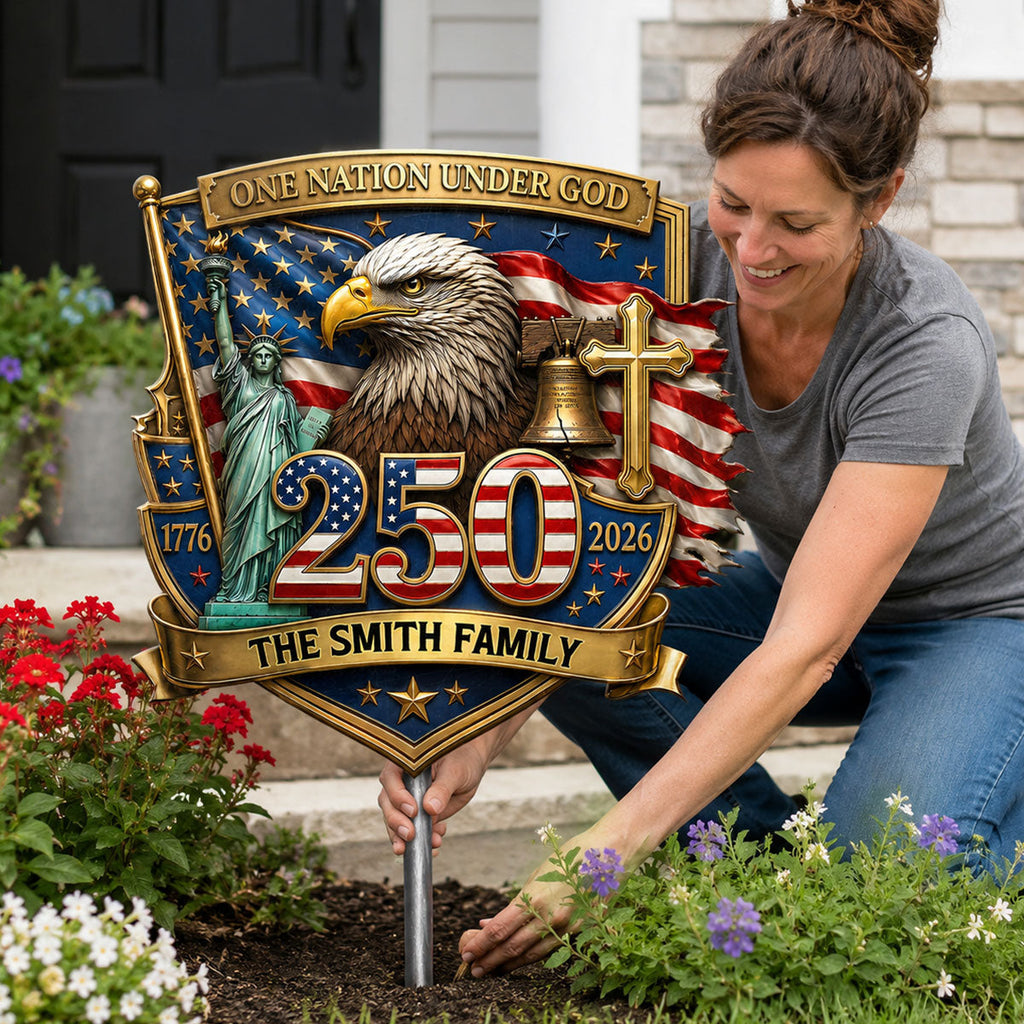 Personalized One Nation Under God Metal Garden Stake for Family