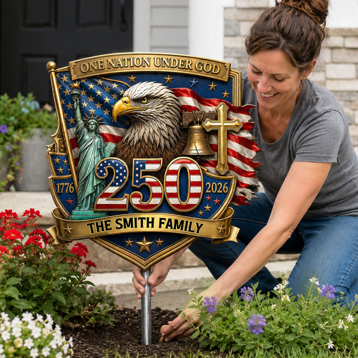 Personalized One Nation Under God Metal Garden Stake for Family