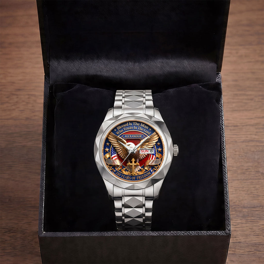 Personalized Men's Wrist Watch with Eagle Design for Him - Patriotic Gift