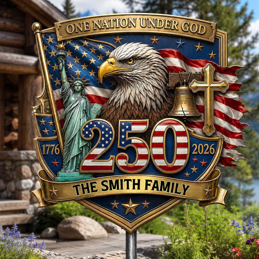 Personalized One Nation Under God Metal Garden Stake for Family
