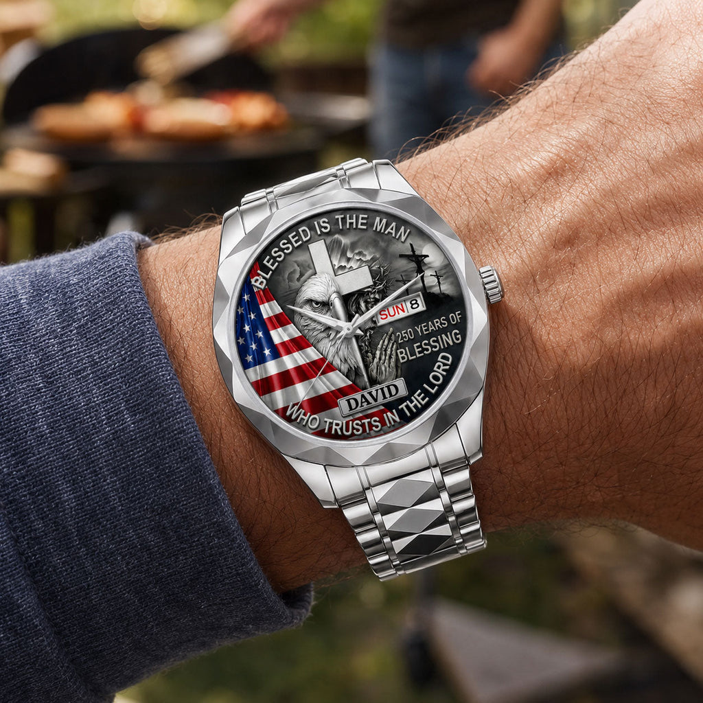 Personalized Men's Wrist Watch with Patriotic Design & Custom Name Gift for Him