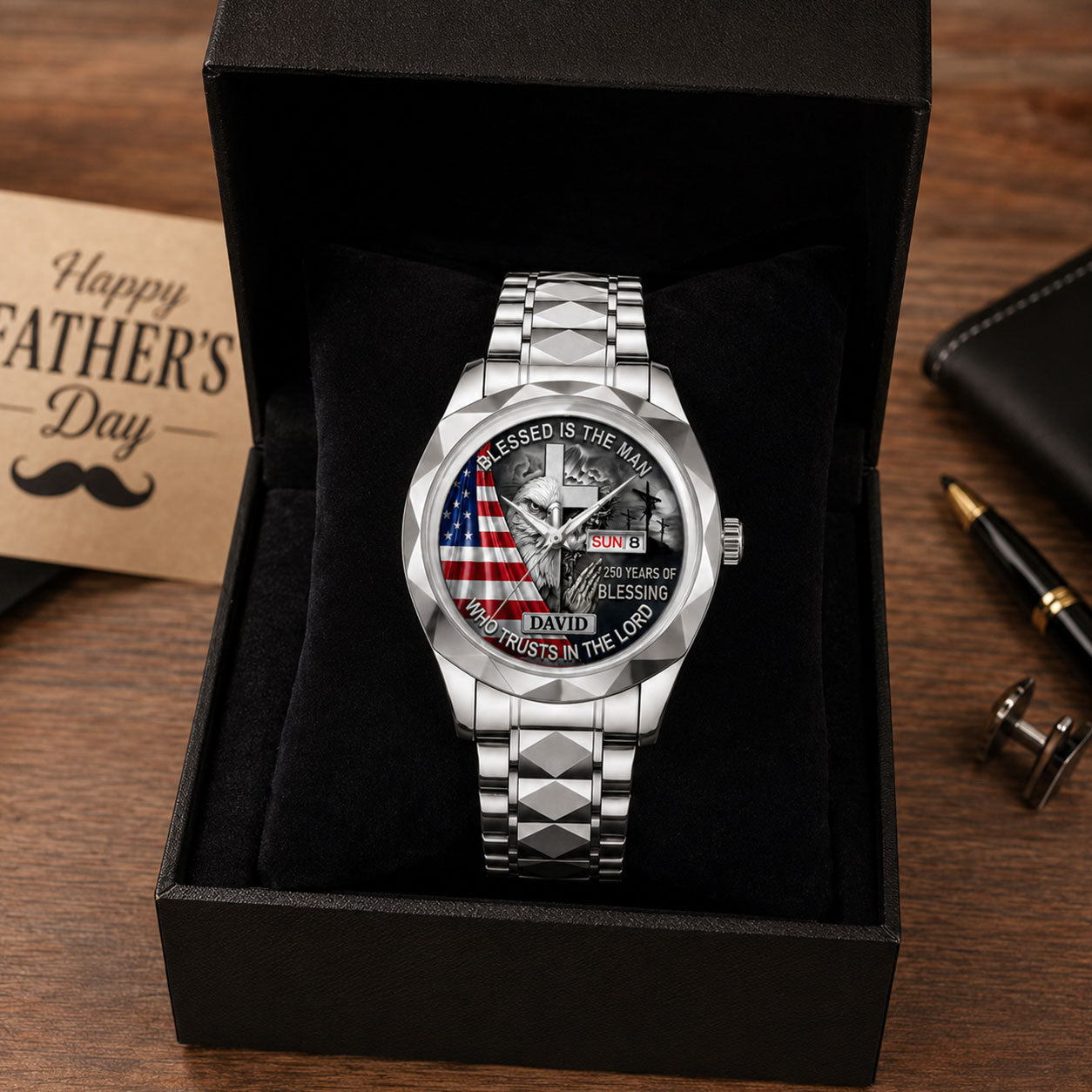 Personalized Men's Wrist Watch with Patriotic Design & Custom Name Gift for Him