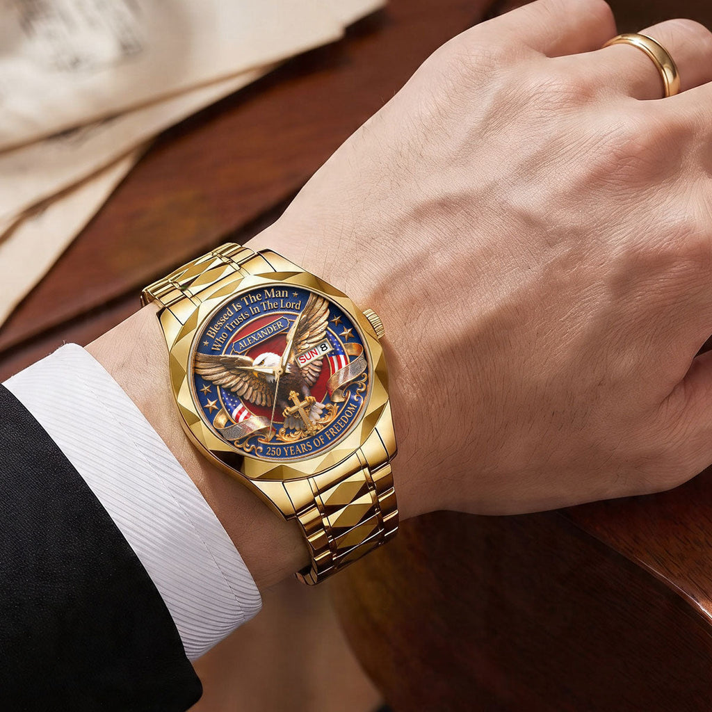 Personalized Men's Wrist Watch with Eagle Design for Him - Patriotic Gift