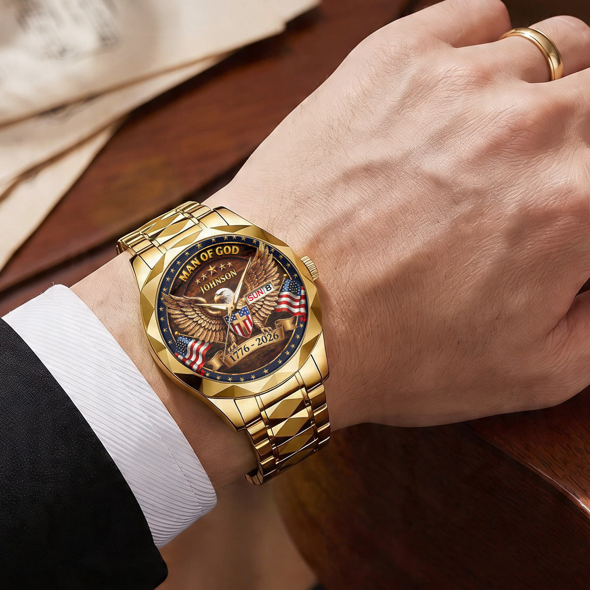 Personalized Men's Wrist Watch with Eagle Design for Him - Patriotic Gift