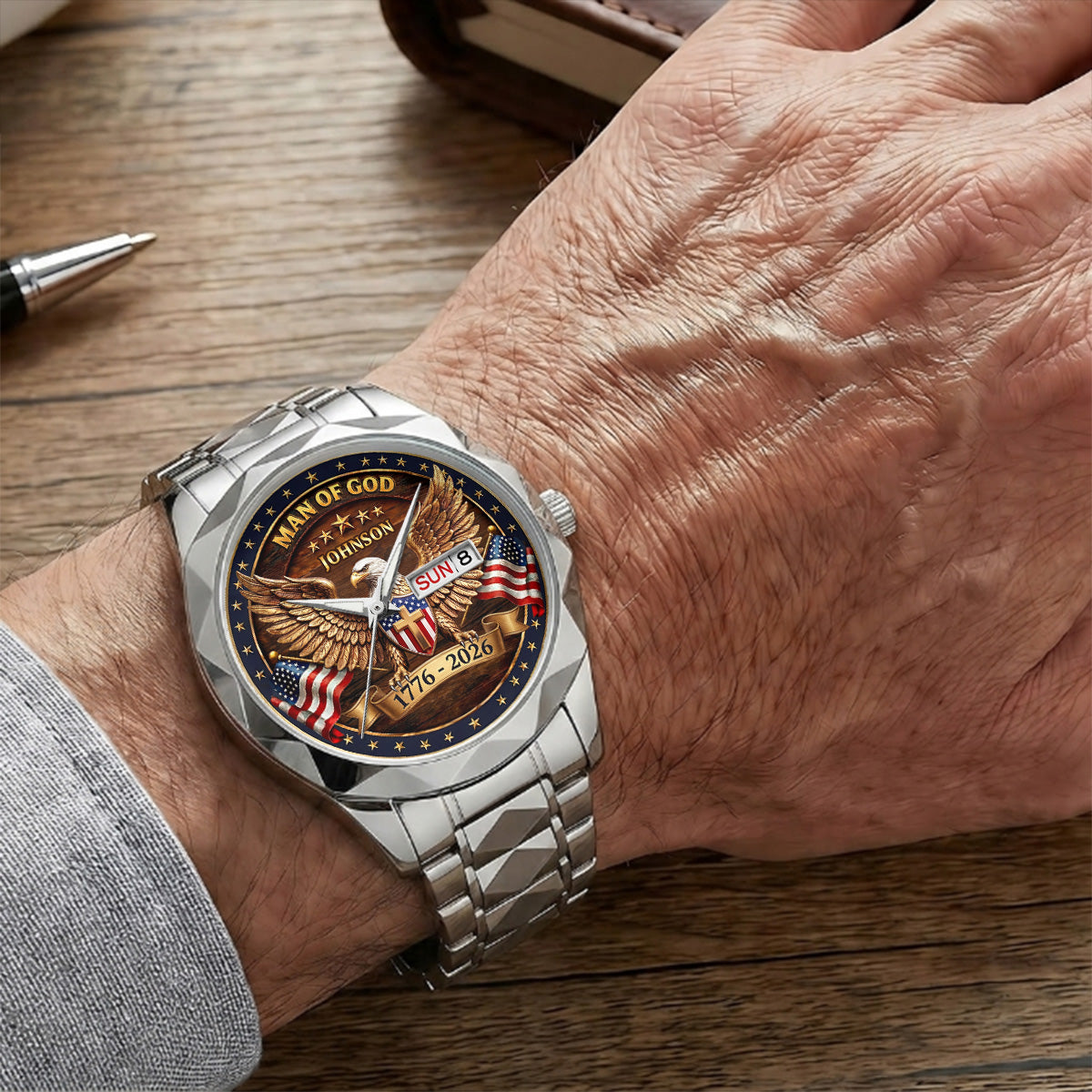 Personalized Men's Wrist Watch with Eagle Design for Him - Patriotic Gift