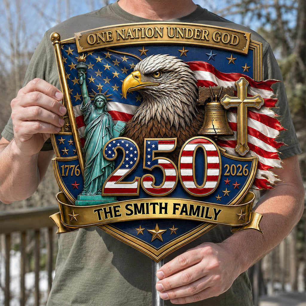 Personalized One Nation Under God Metal Garden Stake for Family
