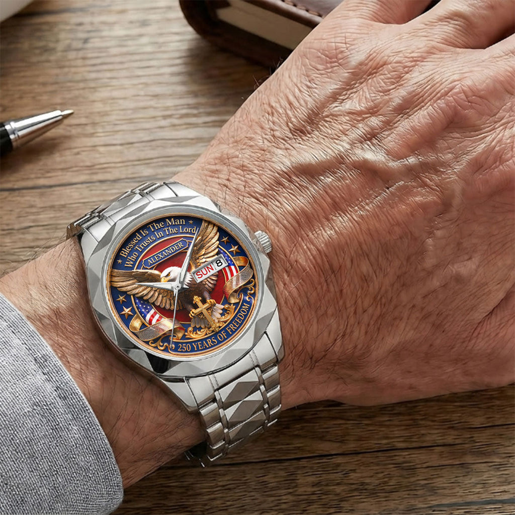 Personalized Men's Wrist Watch with Eagle Design for Him - Patriotic Gift