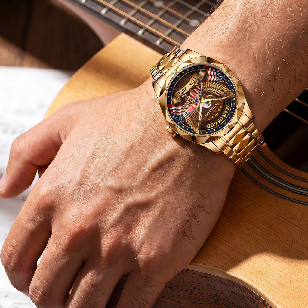 Personalized Men's Wrist Watch with Eagle Design for Him - Patriotic Gift