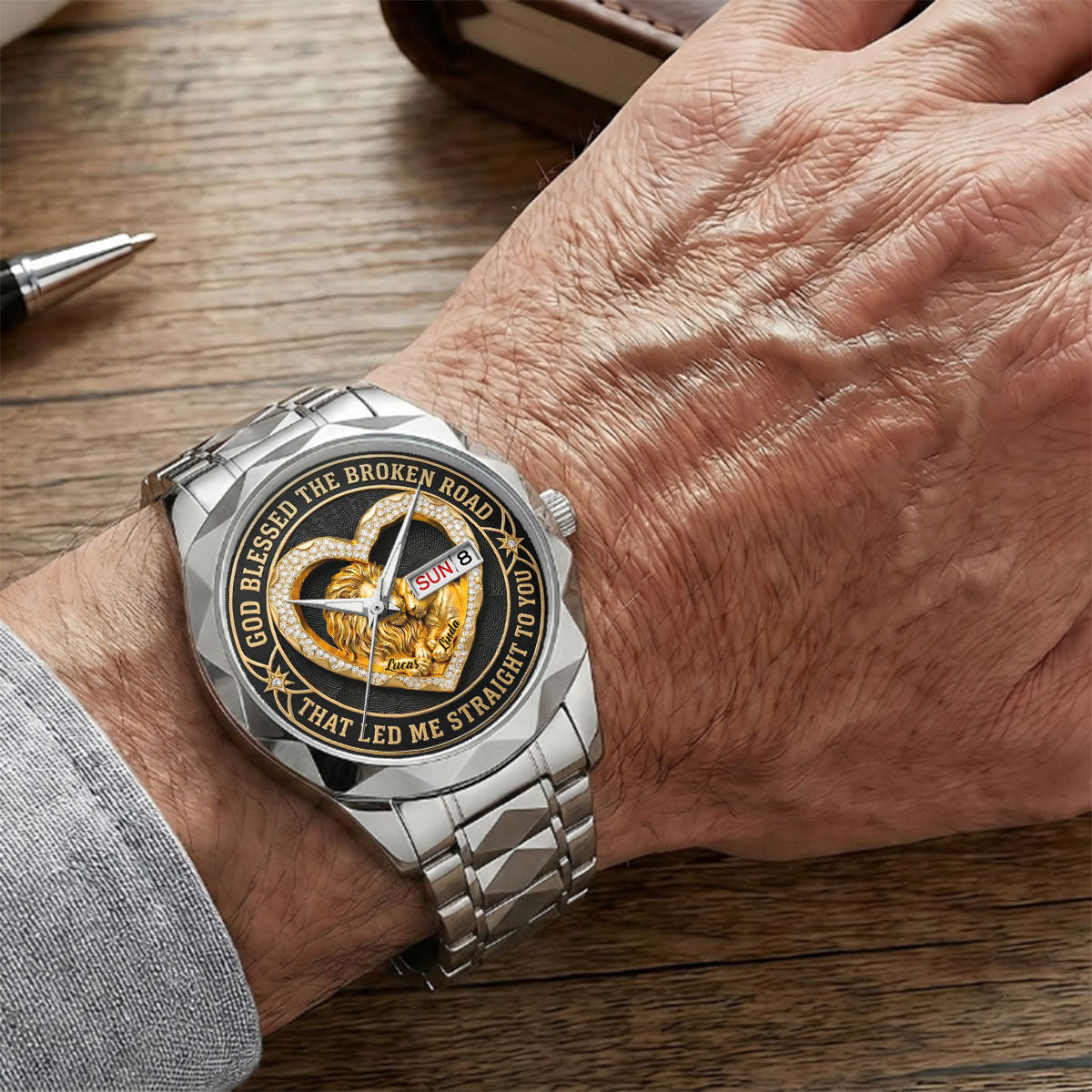 Personalized Men's Wrist Watch with Lion Design Gift for Couple