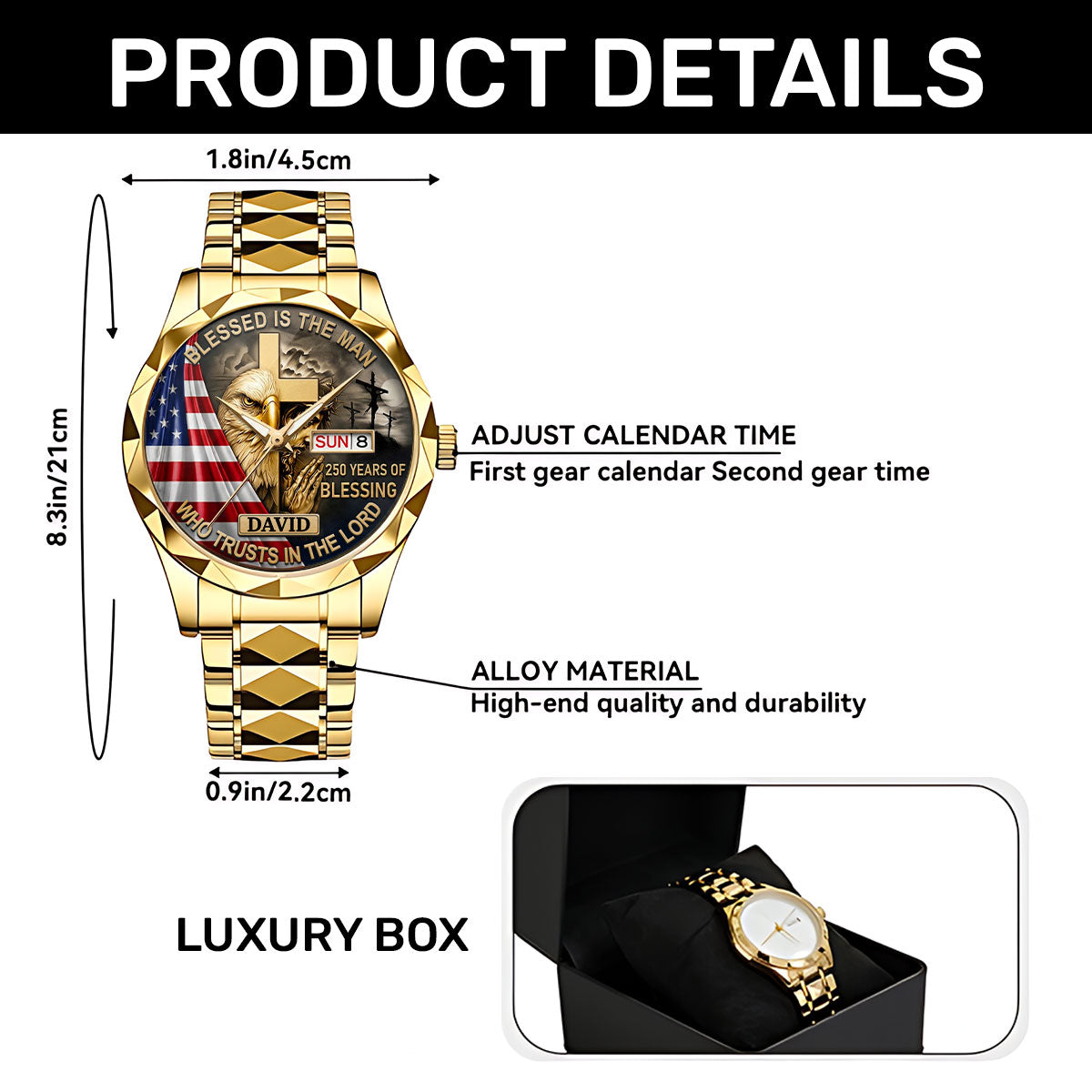 Personalized Men's Wrist Watch with Patriotic Design & Custom Name Gift for Him