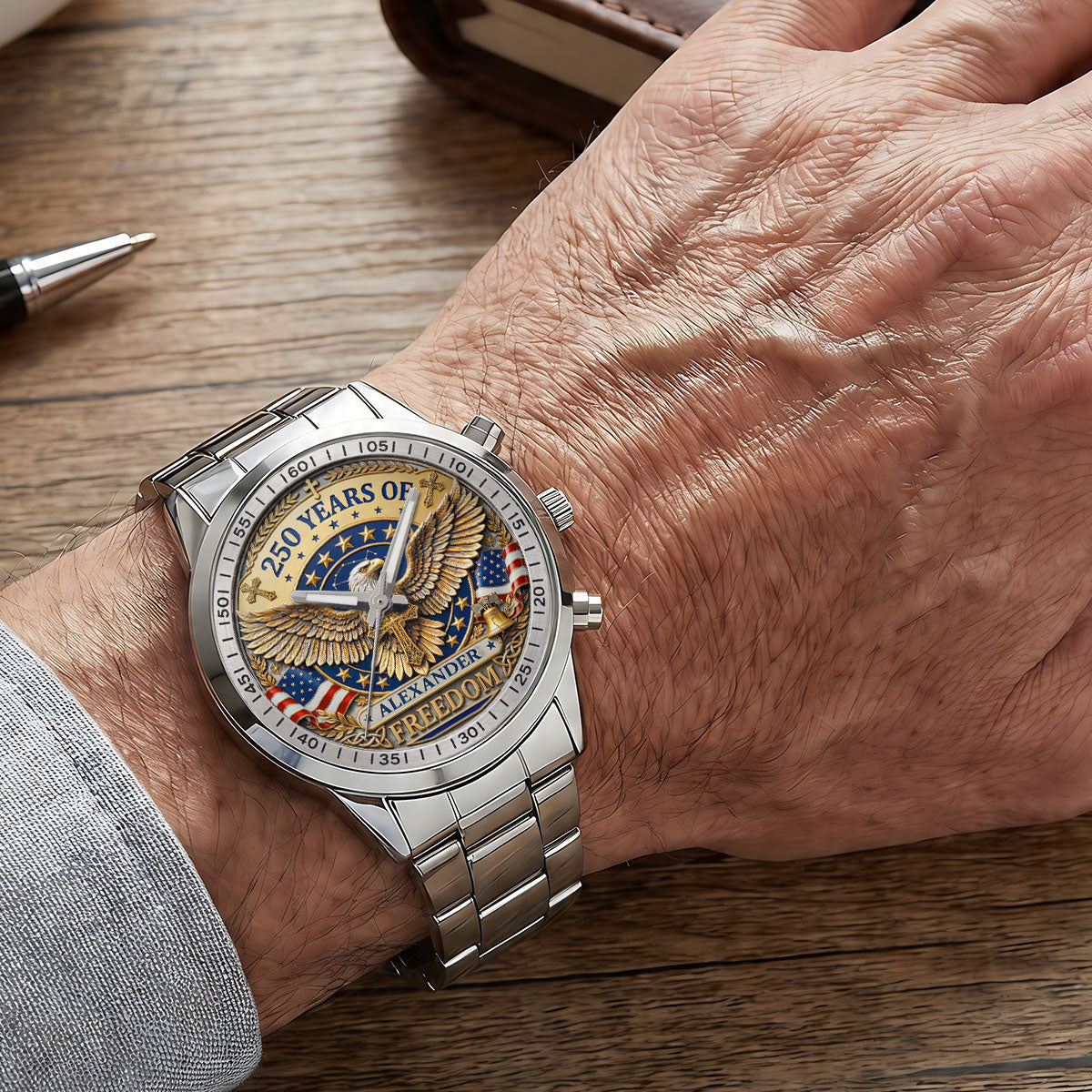 Personalized Men's Wrist Watch with Custom Print - Patriotic Gift for Him