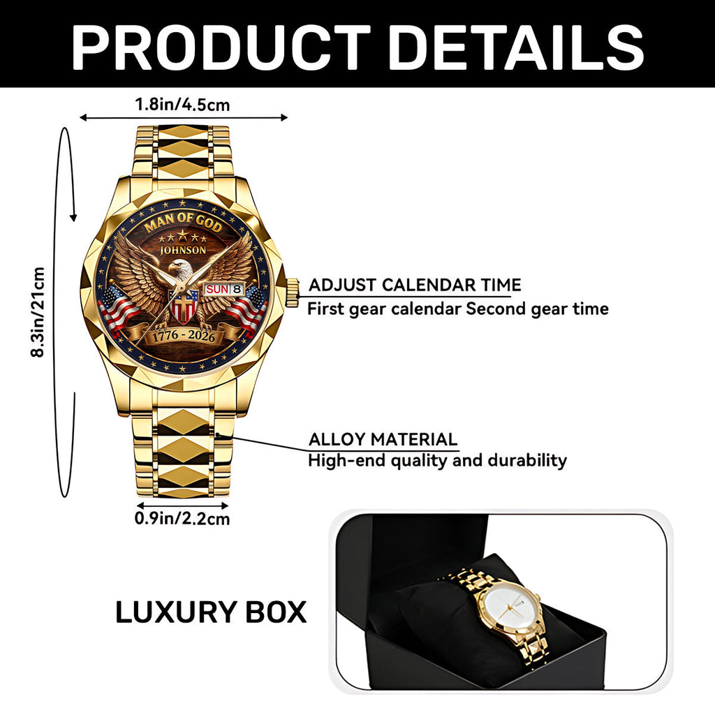 Personalized Men's Wrist Watch with Eagle Design for Him - Patriotic Gift