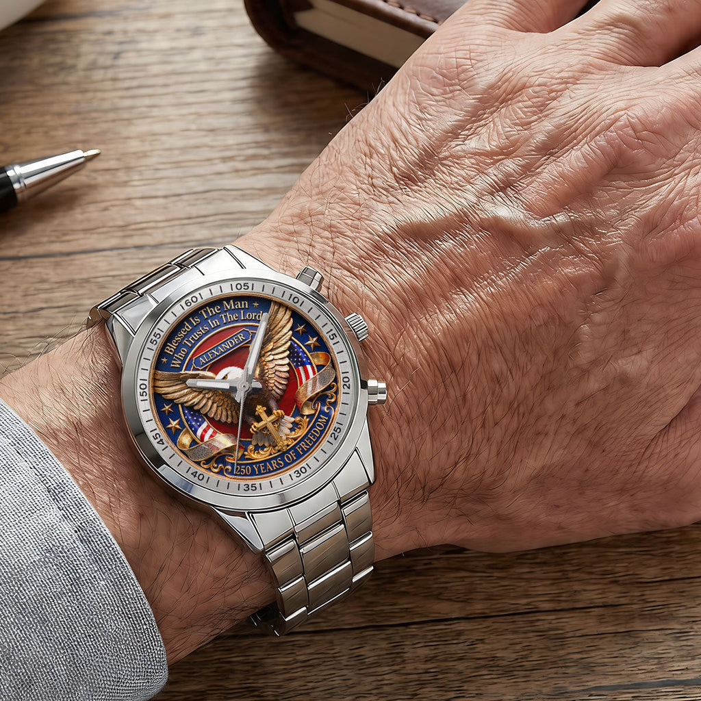 Personalized Men's Wrist Watch with Eagle Design for Him - Patriotic Gift