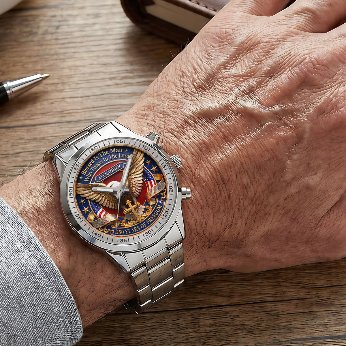 Personalized Men's Wrist Watch with Eagle Design for Him - Patriotic Gift