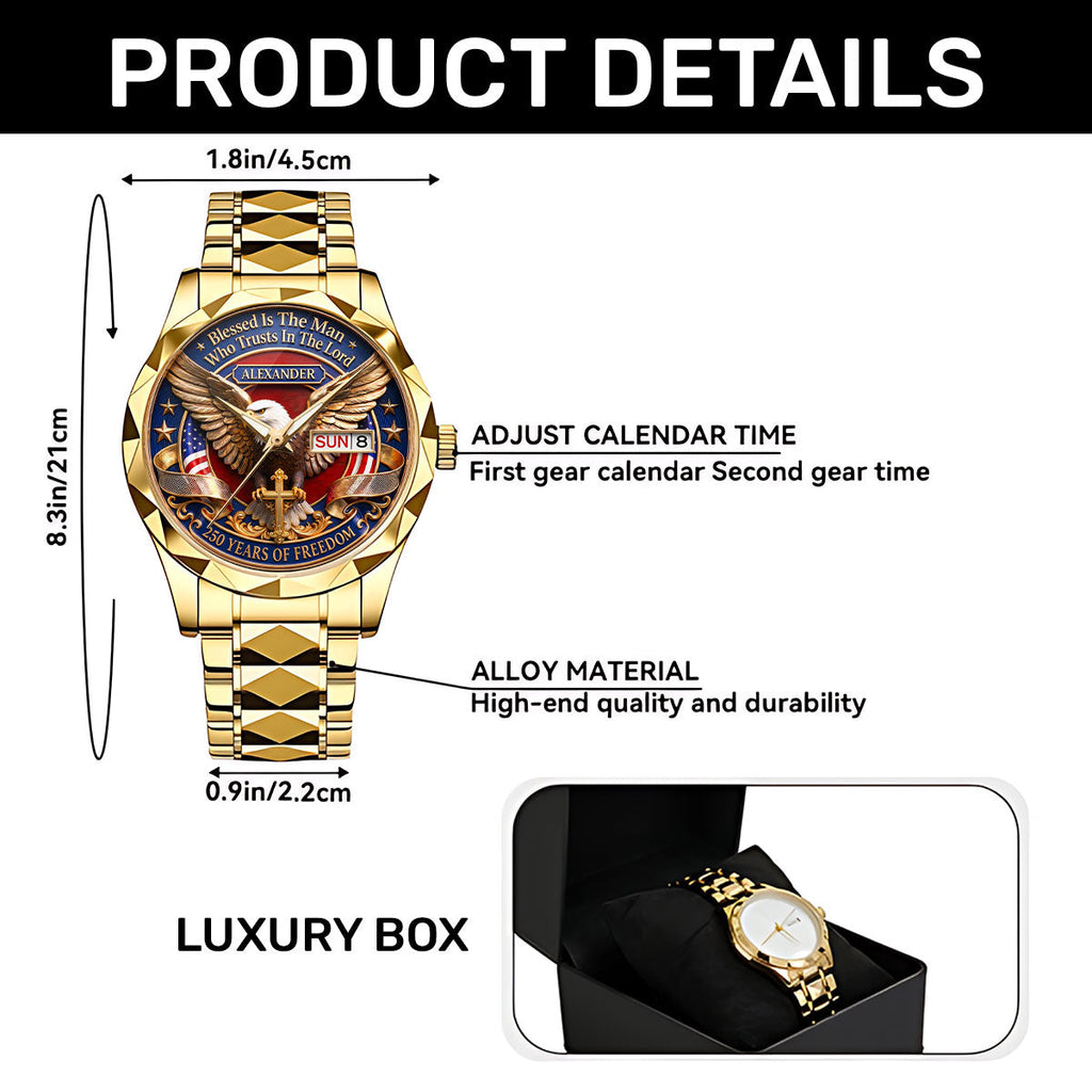 Personalized Men's Wrist Watch with Eagle Design for Him - Patriotic Gift