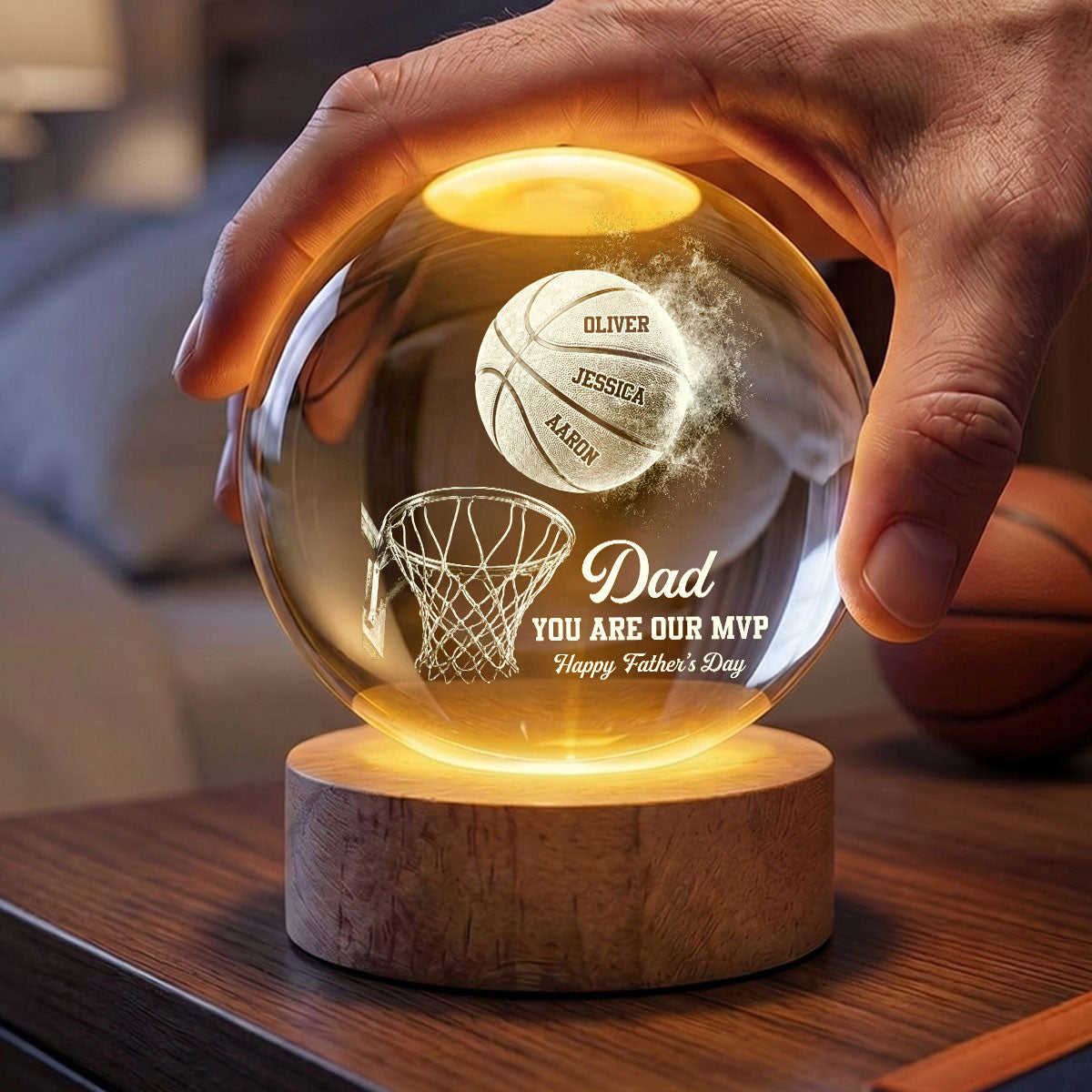 Personalized Basketball Dad Crystal Globe Lamp Gift for Father's Day
